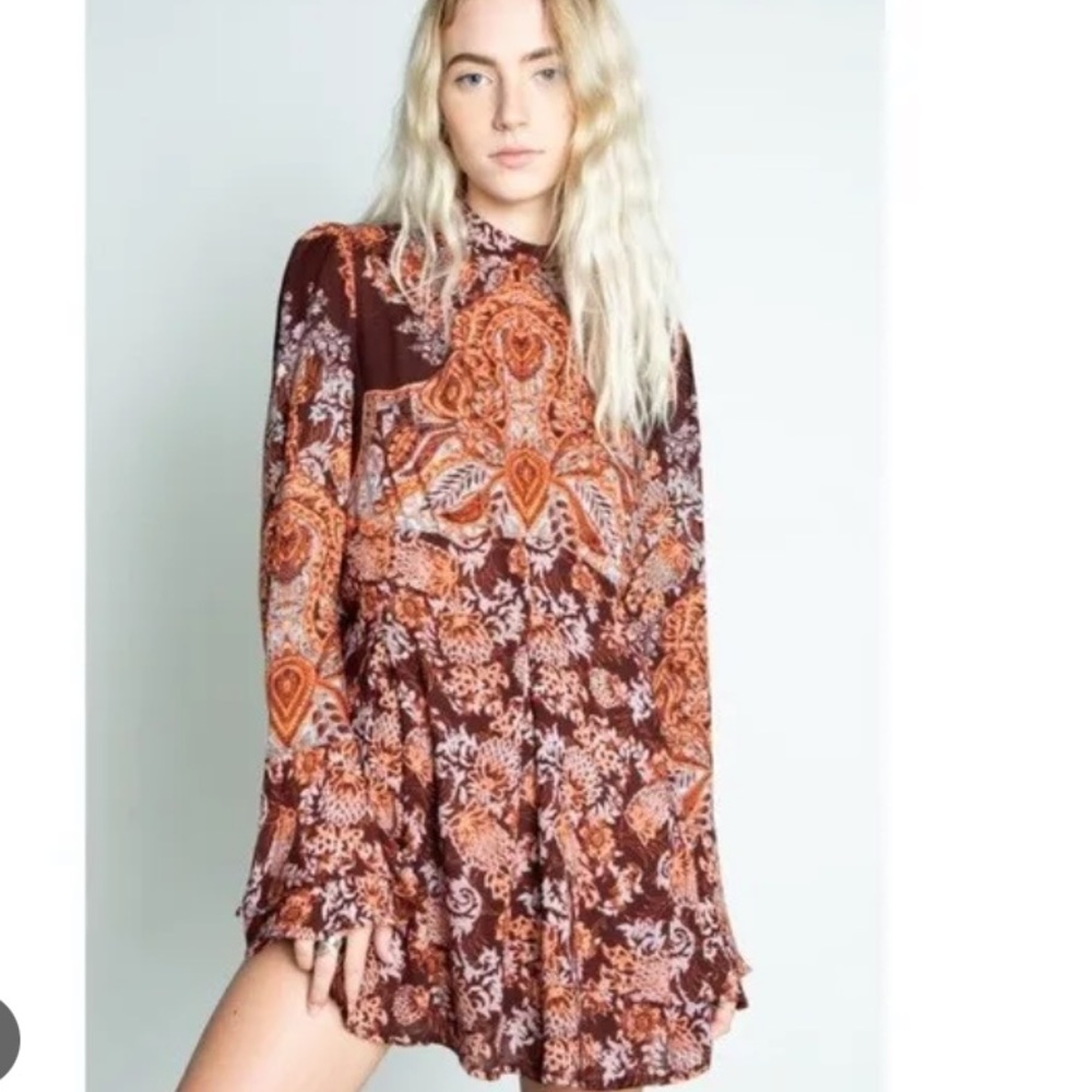 Free People Floral Tunic Dress Boho Bell Sleeve Mini NWT Small